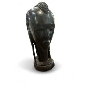 Maasai African Hand Carved Wood Head Sculpture,  Long Earrings, Sculpture 7"